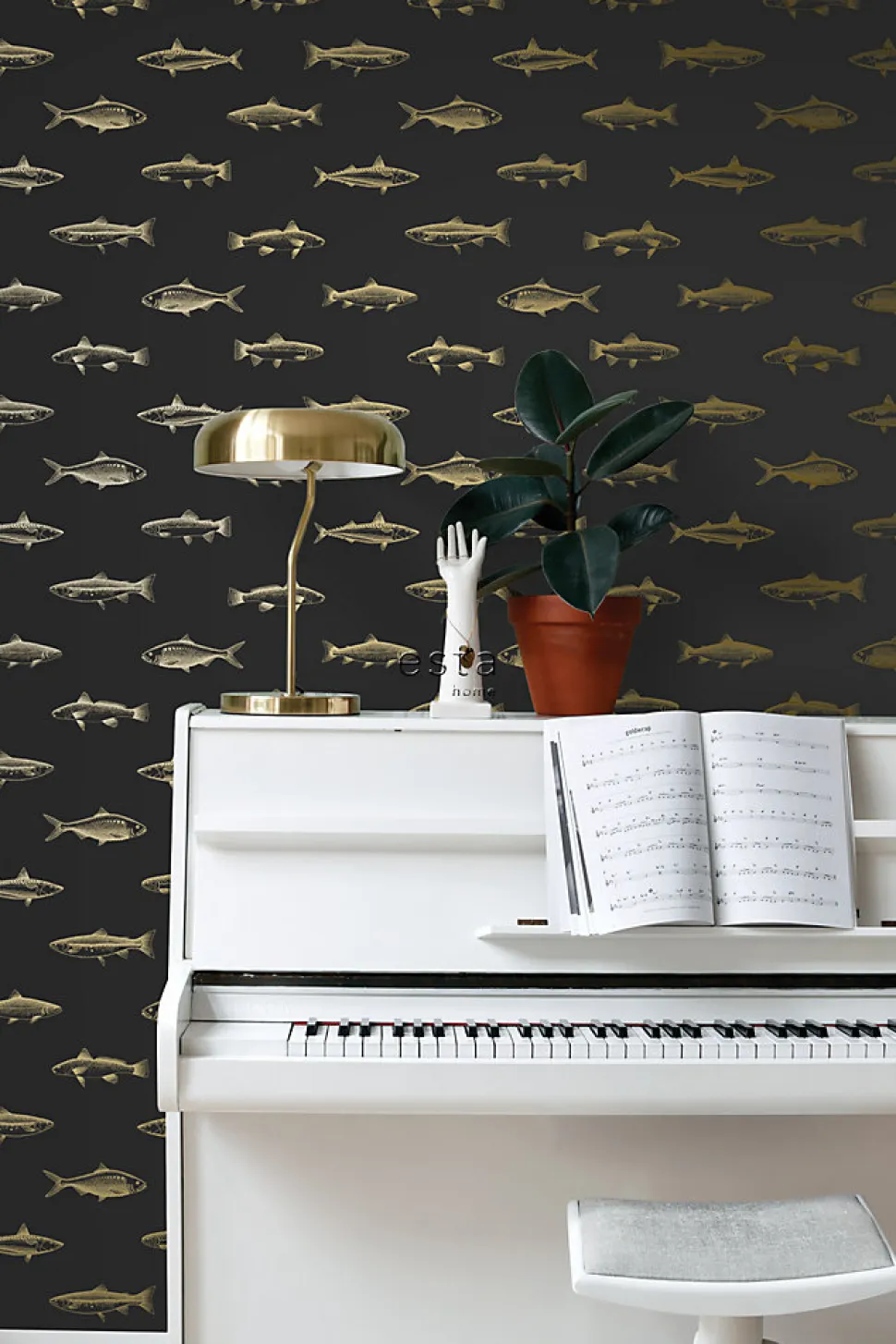 ESTAhome papier peint poissons noir et or - 53 cm x 10.05 m - 139124