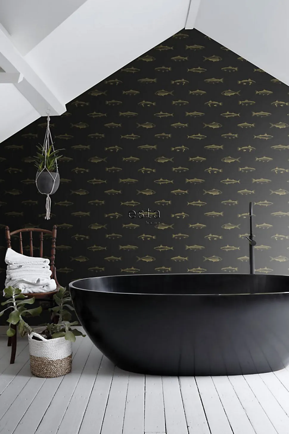 ESTAhome papier peint poissons noir et or - 53 cm x 10.05 m - 139124