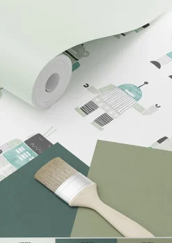 ESTAhome papier peint robots jouets vintage vert menthe et bleu - 53 cm x 10.05 m - 138938