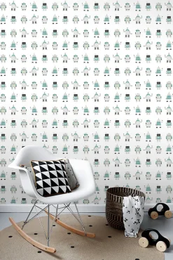 ESTAhome papier peint robots jouets vintage vert menthe et bleu - 53 cm x 10.05 m - 138938