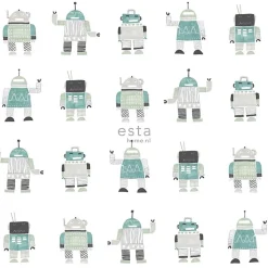 ESTAhome papier peint robots jouets vintage vert menthe et bleu - 53 cm x 10.05 m - 138938