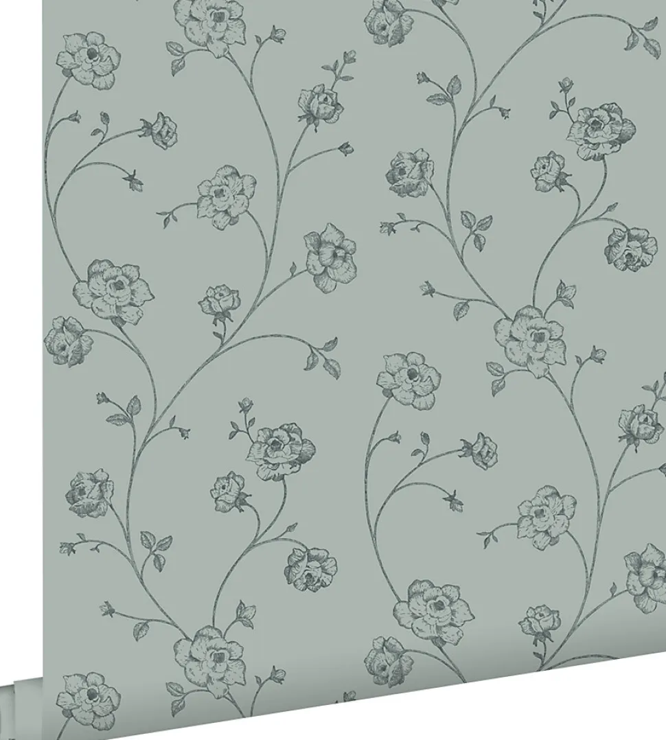 ESTAhome papier peint roses en Toile de Jouy vert grisé - 53 cm x 10.05 m - 139314