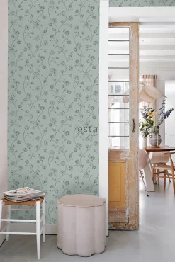 ESTAhome papier peint roses en Toile de Jouy vert grisé - 53 cm x 10.05 m - 139314