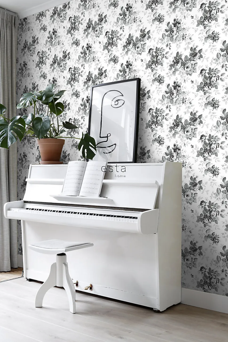 ESTAhome papier peint roses noir et blanc - 53 cm x 10.05 m - 138112