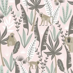 ESTAhome papier peint singes de la jungle rose clair et vert menthe - 53 cm x 10.05 m - 139072