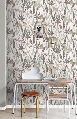 ESTAhome papier peint singes de la jungle rose clair et vert menthe - 53 cm x 10.05 m - 139072