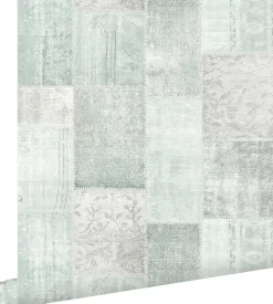 ESTAhome papier peint tapis patchwork kilim oriental vert menthe pastel clair grisé - 53 cm x 10.05 m - 148650