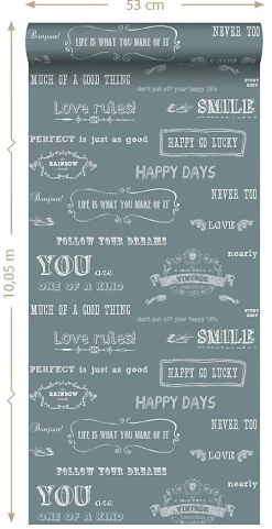 ESTAhome papier peint texte tableau vintage bleu - 53 cm x 10.05 m - 128506