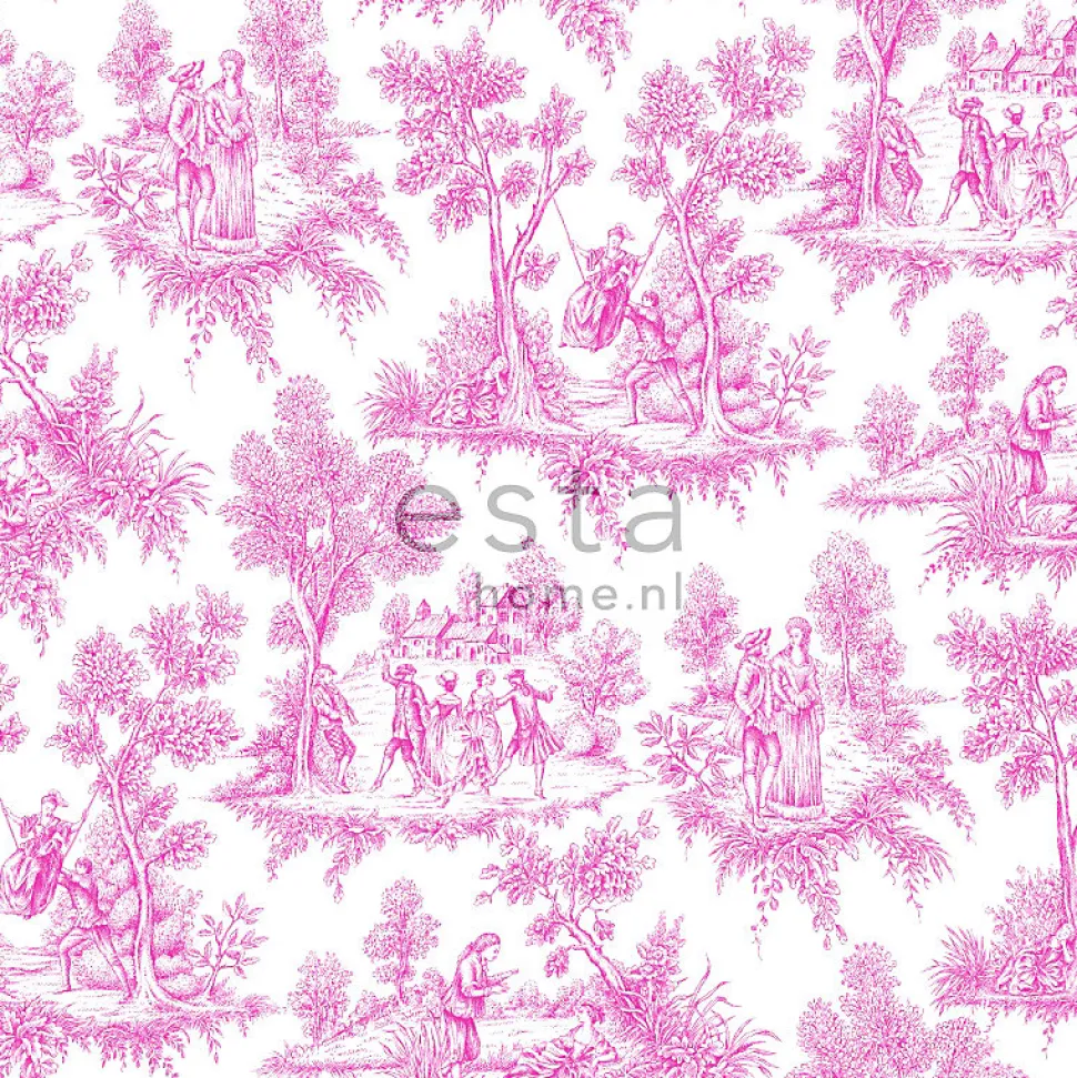 ESTAhome papier peint toile de jouy rose - 53 cm x 10.05 m - 136819