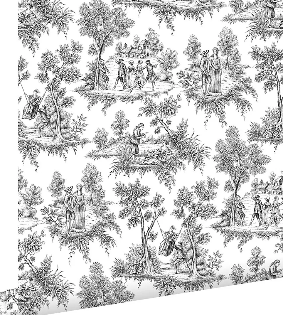 ESTAhome papier peint toile de jouy noir - 53 cm x 10.05 m - 136820