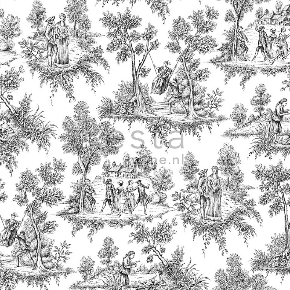 ESTAhome papier peint toile de jouy noir - 53 cm x 10.05 m - 136820