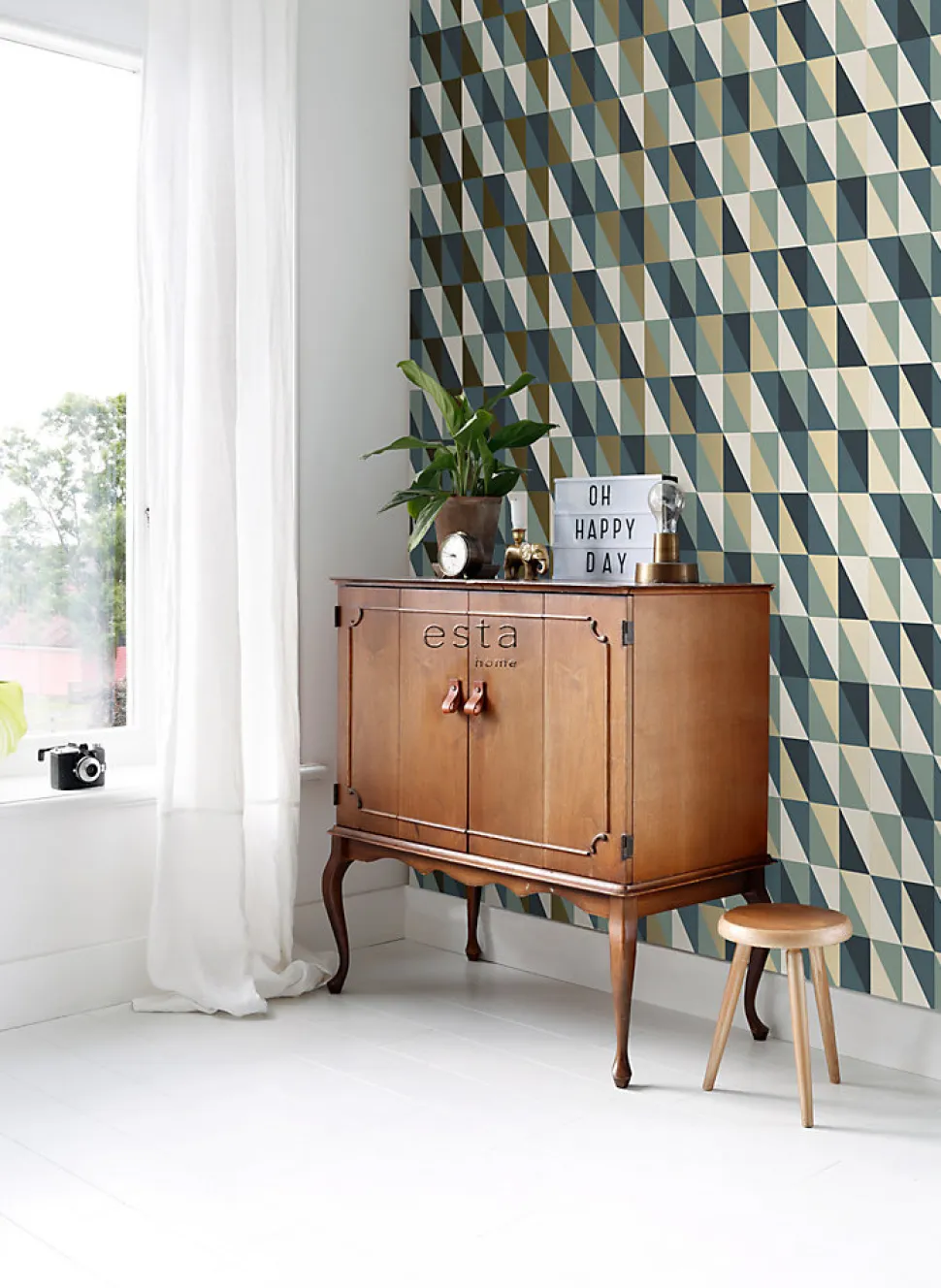 ESTAhome papier peint triangles graphiques or, vert et bleu - 53 cm x 10.05 m - 139197