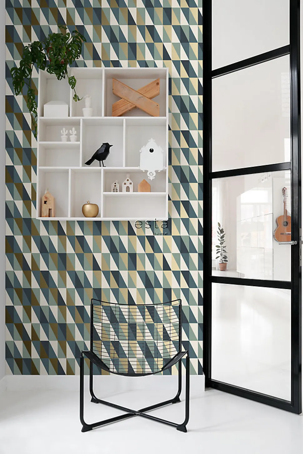 ESTAhome papier peint triangles graphiques or, vert et bleu - 53 cm x 10.05 m - 139197