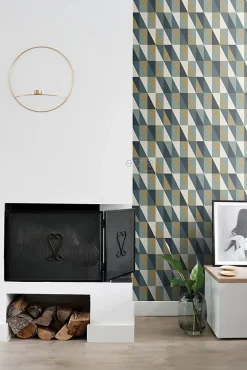 ESTAhome papier peint triangles graphiques or, vert et bleu - 53 cm x 10.05 m - 139197