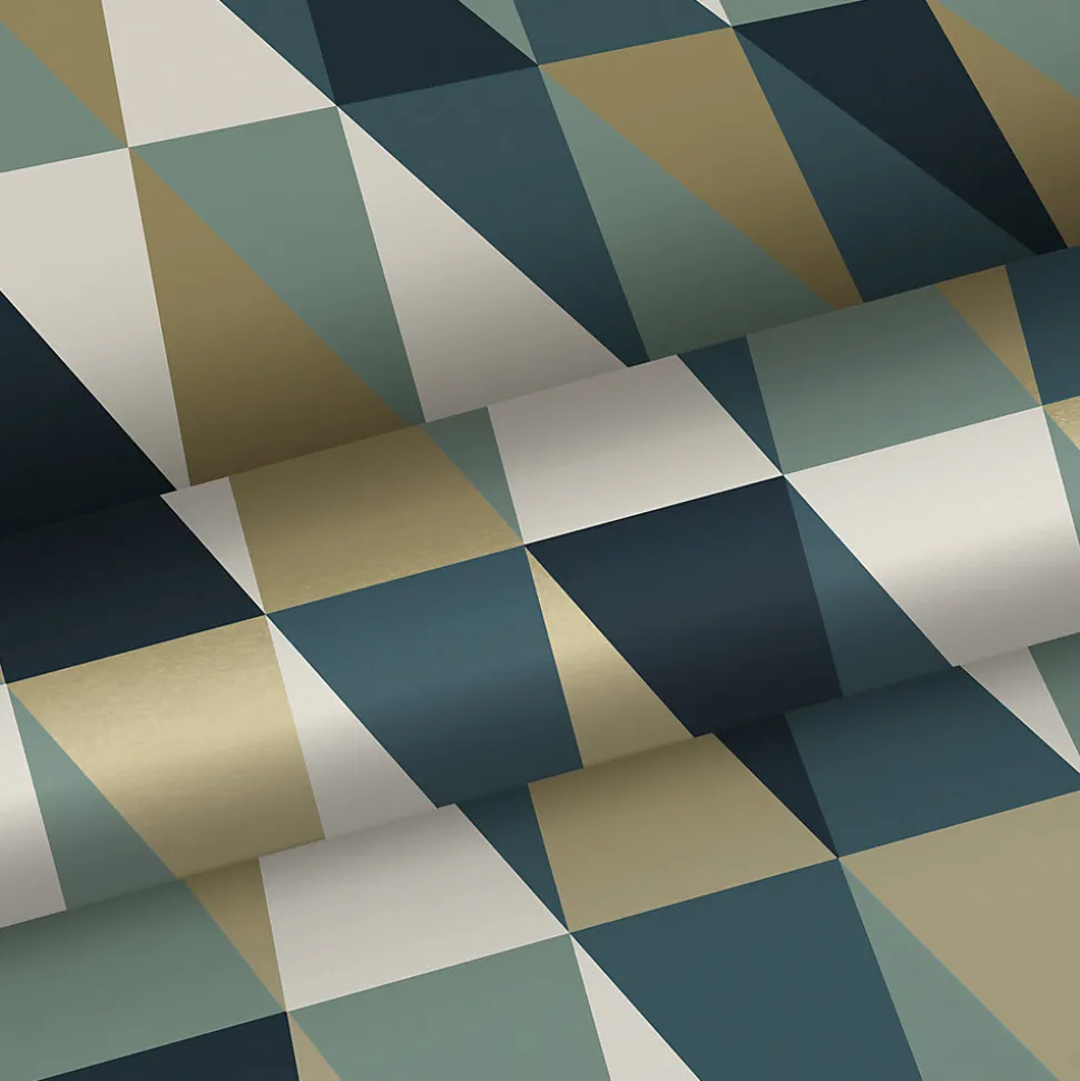 ESTAhome papier peint triangles graphiques or, vert et bleu - 53 cm x 10.05 m - 139197