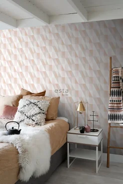 ESTAhome papier peint triangles graphiques rose clair, orange chaude et beige - 53 cm x 10.05 m - 139196
