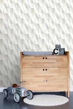 ESTAhome papier peint triangles graphiques argent, gris et beige - 53 cm x 10.05 m - 138922