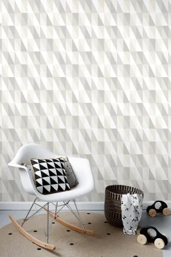 ESTAhome papier peint triangles graphiques argent, gris et beige - 53 cm x 10.05 m - 138922
