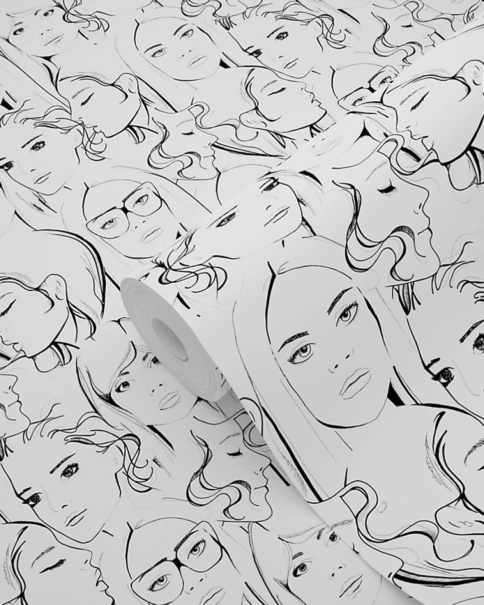 ESTAhome papier peint visages de filles noir et blanc - 53 cm x 10.05 m - 138867