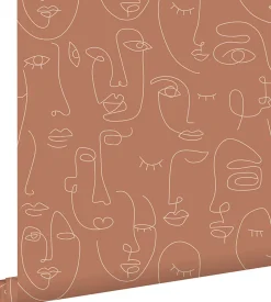 ESTAhome papier peint visages Line Art terracotta - 53 cm x 10.05 m - 139375