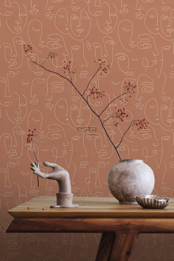 ESTAhome papier peint visages Line Art terracotta - 53 cm x 10.05 m - 139375