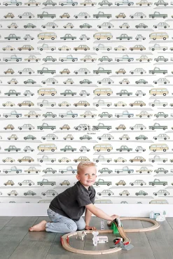 ESTAhome papier peint voitures vert grisé, gris et beige - 50 x 900 cm - 139537