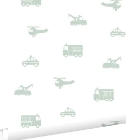 ESTAhome papier peint voitures, camions de pompiers, hélicoptères et grues vert menthe sur blanc - 53 cm x 10.05 m - 128856