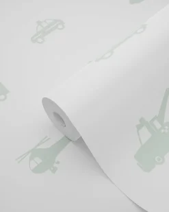 ESTAhome papier peint voitures, camions de pompiers, hélicoptères et grues vert menthe sur blanc - 53 cm x 10.05 m - 128856