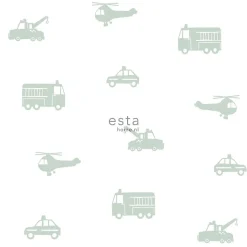 ESTAhome papier peint voitures, camions de pompiers, hélicoptères et grues vert menthe sur blanc - 53 cm x 10.05 m - 128856
