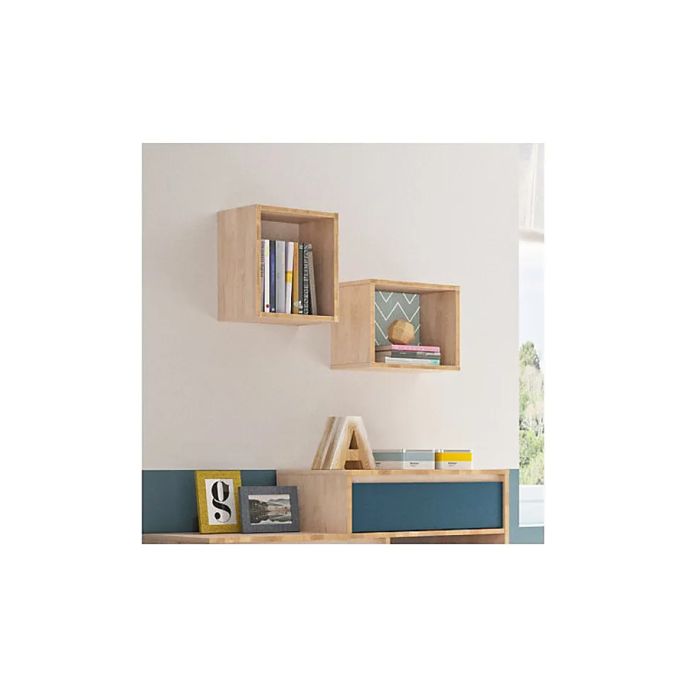 Etagère cube murale réversible décor bois blanc ou bleu - SIDOINE