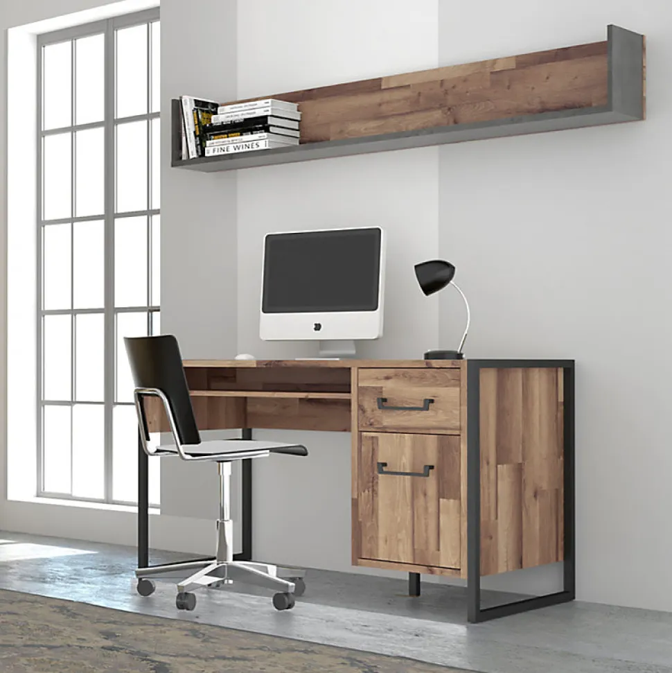 Etagère murale 170 cm décor bois recyclé et béton gris - APACHE