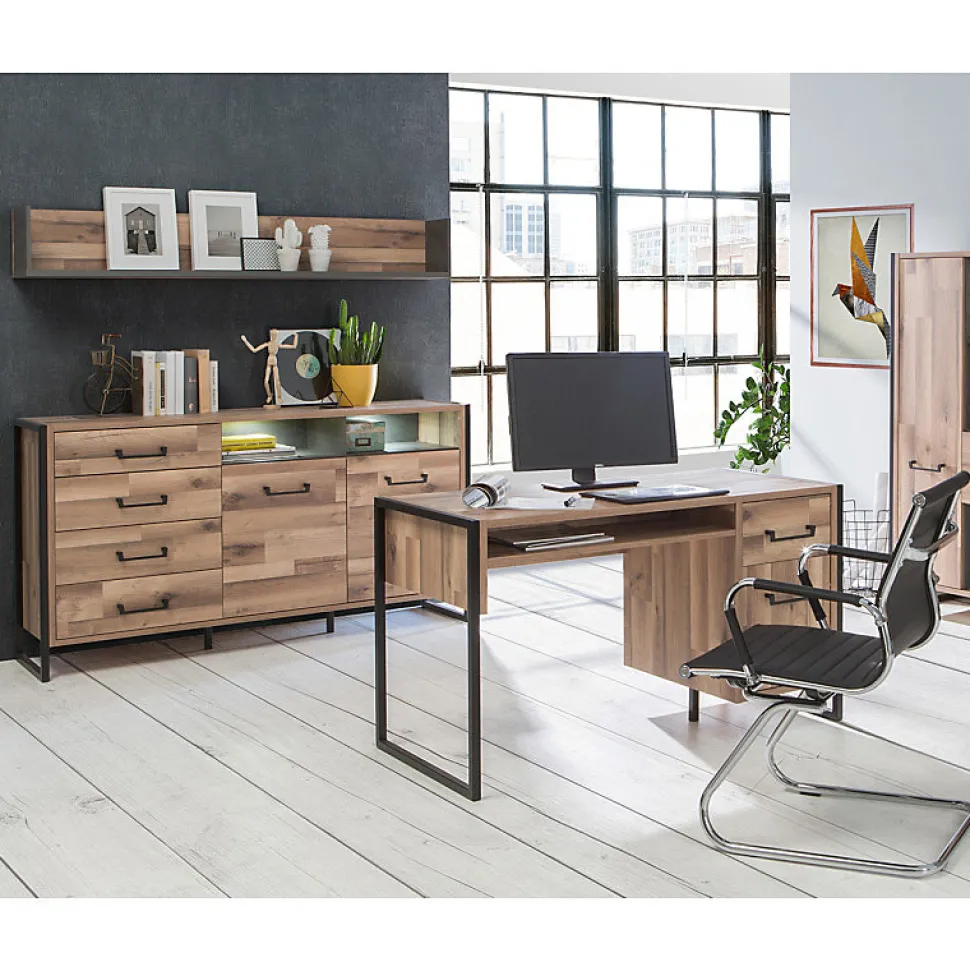Etagère murale 170 cm décor bois recyclé et béton gris - APACHE