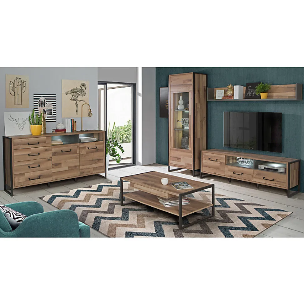 Etagère murale 170 cm décor bois recyclé et béton gris - APACHE