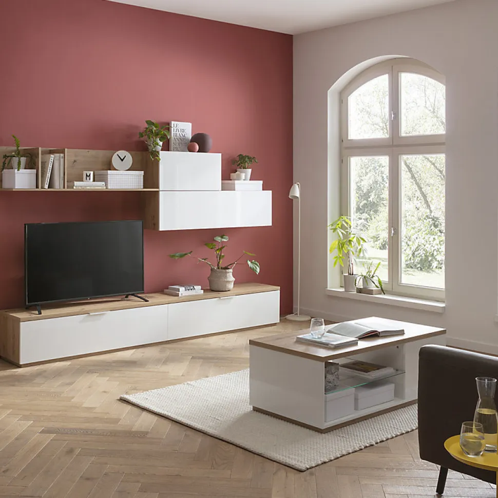 Etagère murale asymétrique 270 cm décor chêne blanc laqué - VERONICA