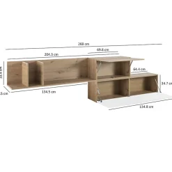 Etagère murale asymétrique 270 cm décor chêne blanc laqué - VERONICA
