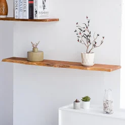 Etagère Murale en Bois Acacia Massif Huilé - Bord Naturel Irrégulier - Fixation Inclus - 18x195x1200mm - Etagère de Bureau