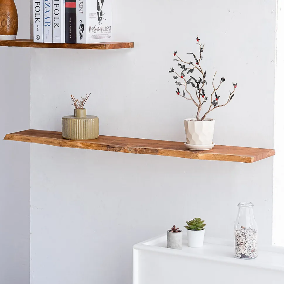 Etagère Murale en Bois Acacia Massif Huilé - Bord Naturel Irrégulier - Fixation Inclus - 18x195x1200mm - Etagère de Bureau