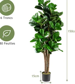 Figuier Artificiel de Feuille de Violon Realiste avec Pot en PP Souple Arbre Artificiel en PEVA Tronc de Bois Melange Vert