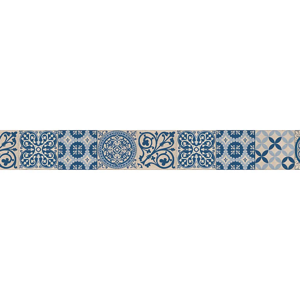 Frise adhésive 10 cm X 300 cm, carreaux de ciment bleu et beige, déco géométrique pour murs et sols, look rétro et moderne.