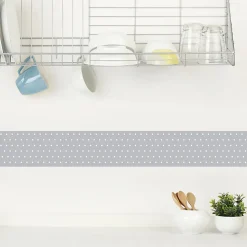 Frise adhésive autocollante 15 cm X 300 cm, motif pois blanc sur fond gris, décorative pour murs et meubles.