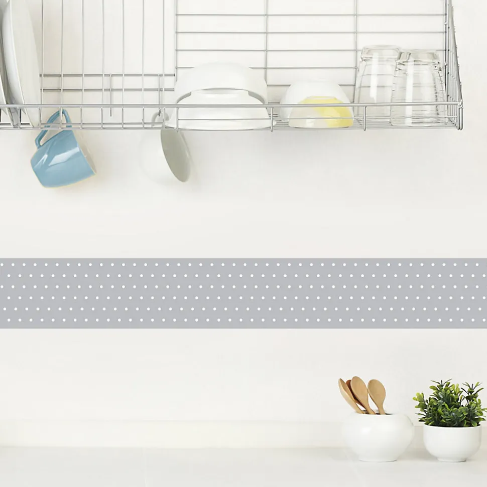 Frise adhésive autocollante 15 cm X 300 cm, motif pois blanc sur fond gris, décorative pour murs et meubles.