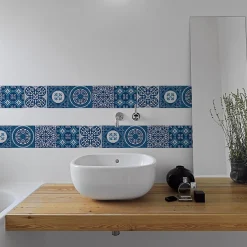 Frise adhésive autocollante 15 cm X 300 cm, décorative, motif carreaux de ciment ancien, azulejos bleu, revêtement mural décoratif