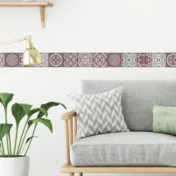 Frise adhésive carreaux de ciment rouges, 10 cm X 300 cm, formes géométriques décoratives