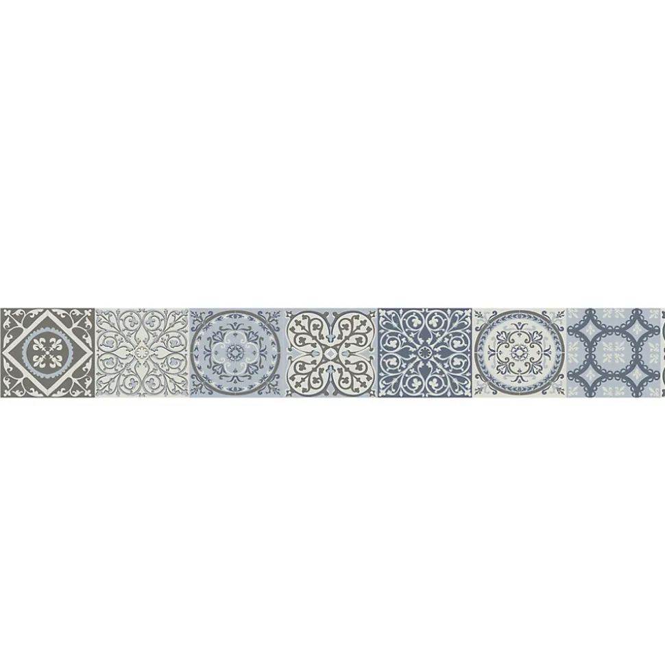 Frise adhésive Coimbra, imitation carrelage carreaux de ciment ancien, bleu et gris, 15 cm X 300 cm. Autocollante décorative.