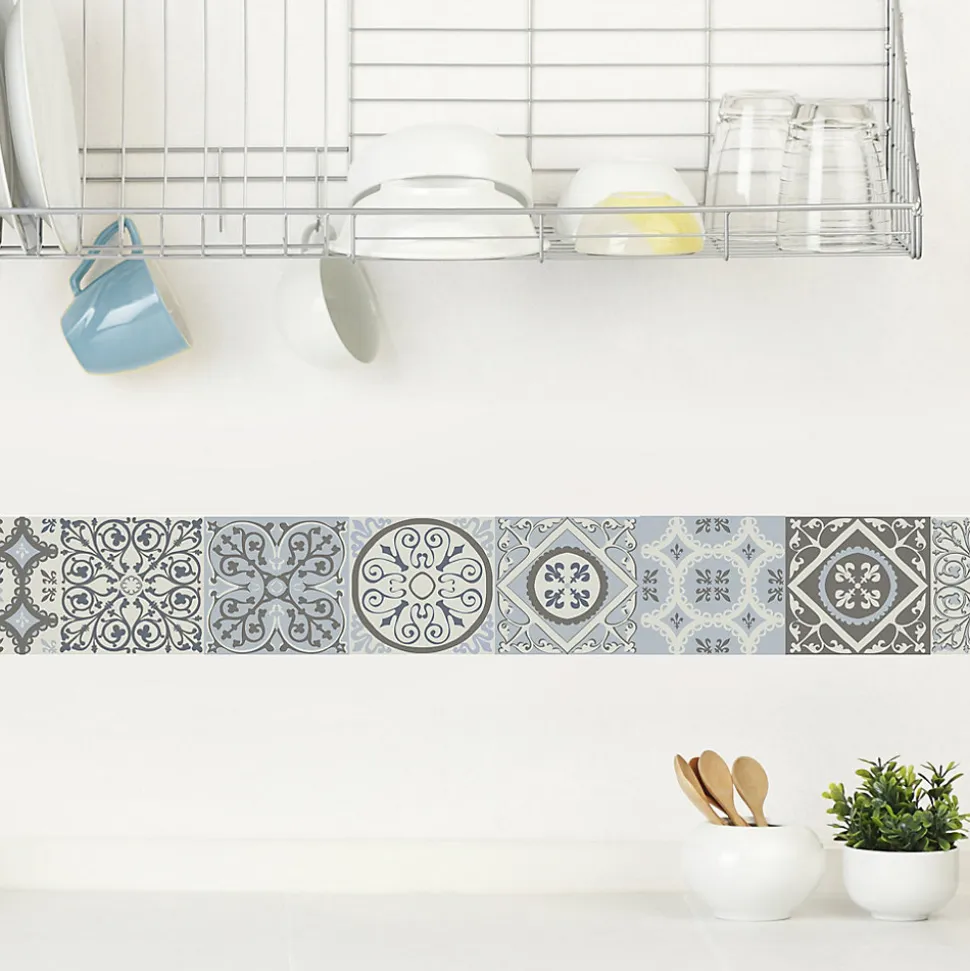 Frise adhésive Coimbra, imitation carrelage carreaux de ciment ancien, bleu et gris, 15 cm X 300 cm. Autocollante décorative.