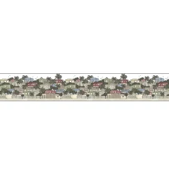 Frise adhésive décorative 15 cm X 300 cm, Afrique: maisons, oiseaux, palmier, bord de mer. Autocollante.