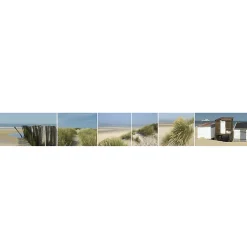 Frise adhésive décorative autocollante, 15 cm X 300 cm, thème bord de mer: cabanes, dunes, sable, mer, digue.