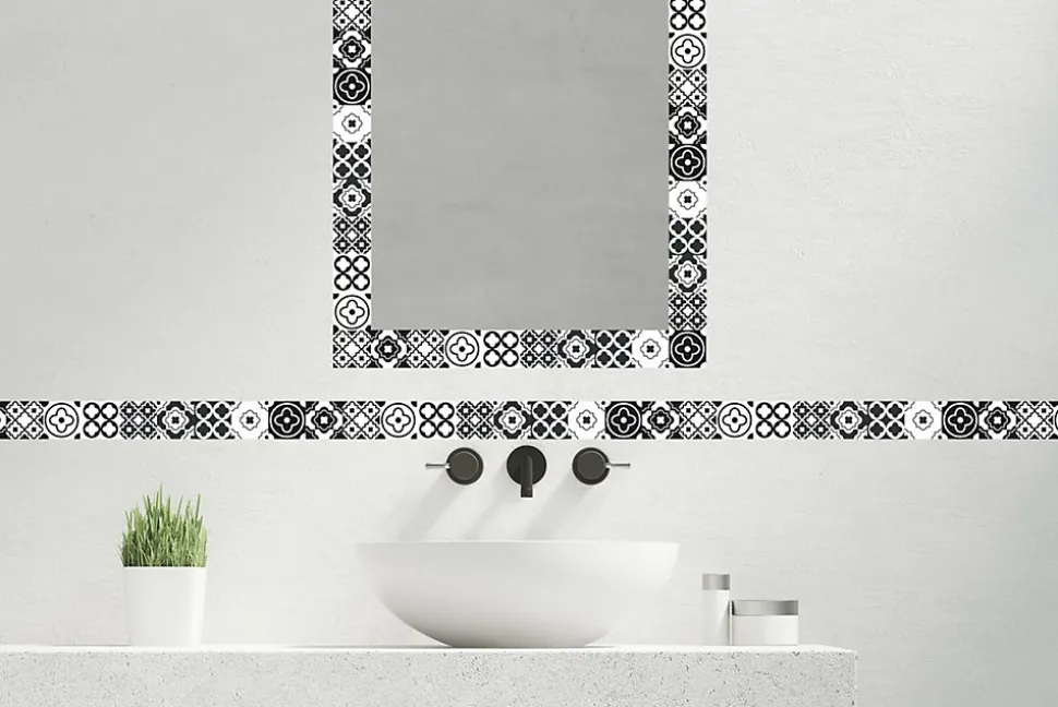 Frise adhésive décorative autocollante 5x300 cm, motif carreaux de ciment style ancien, terretière, décoration murale intérieure.