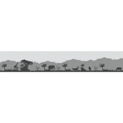 Frise adhésive décorative Savane 15x300cm: éléphant, girafe, hippo, lion, rhino, grue, palmier, baobab, tons gris autocollante.