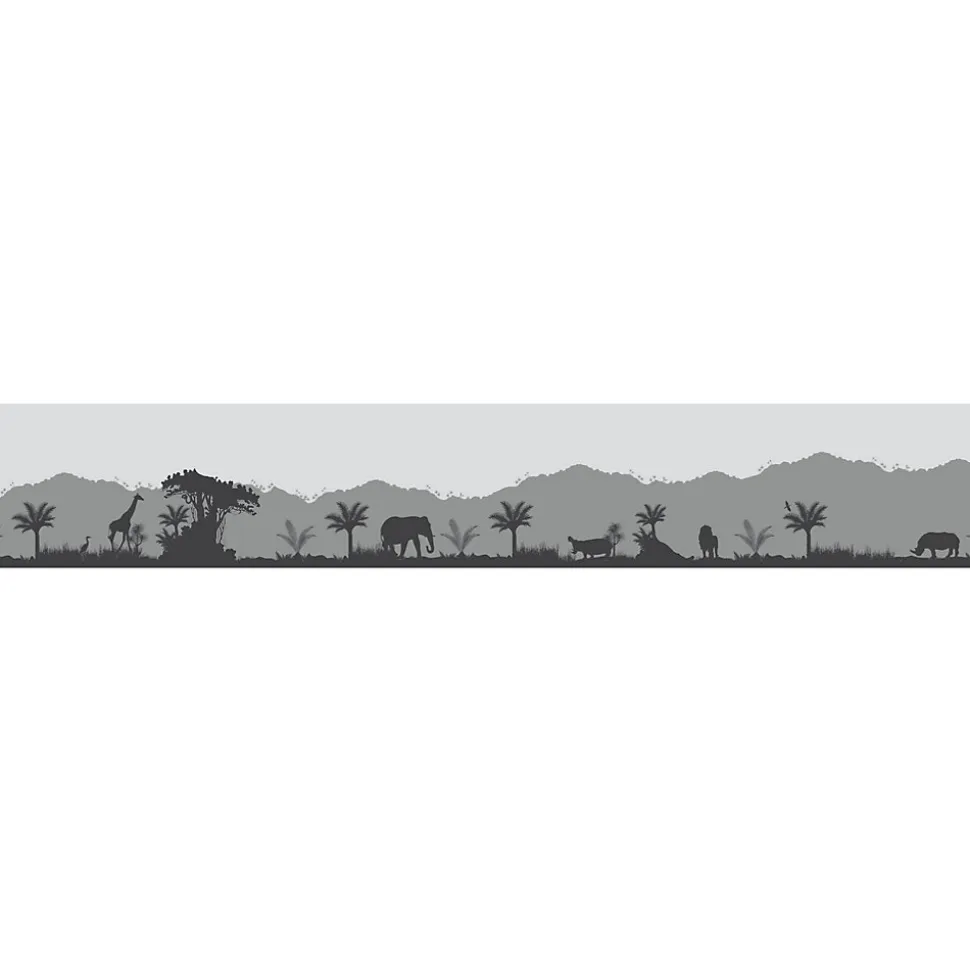Frise adhésive décorative Savane 15x300cm: éléphant, girafe, hippo, lion, rhino, grue, palmier, baobab, tons gris autocollante.